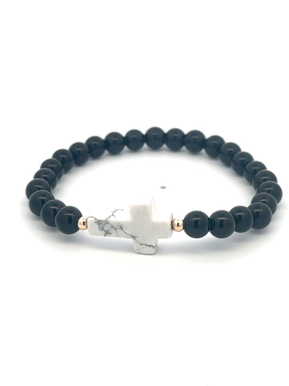 14K Solid Gold & Gemstone 6mm Cross Stretch Bracelet Onyx Howlite
